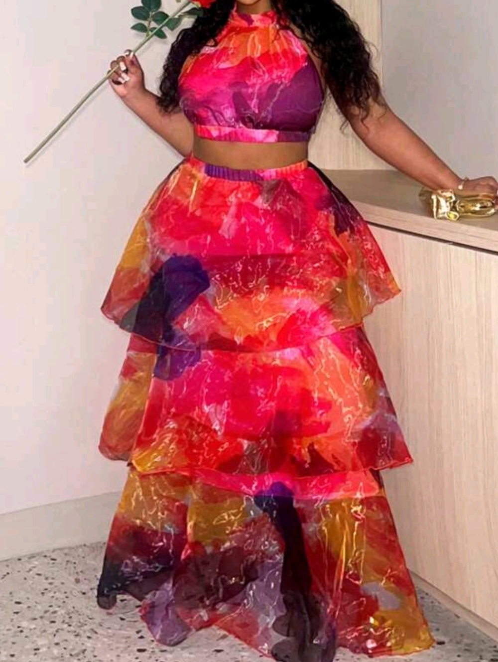 Tie Dye Multilayer Maxi Skirt Matching Crop Top